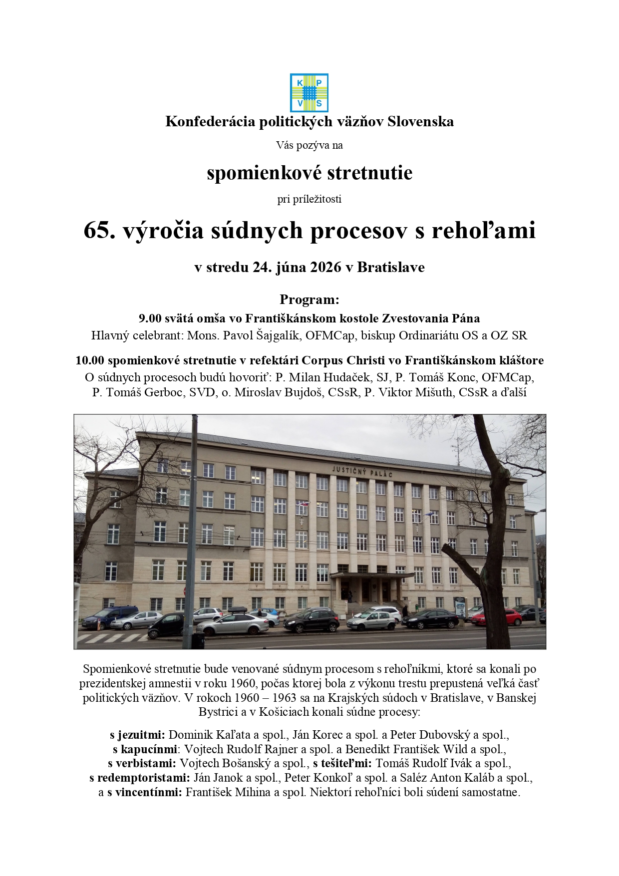 Pozvánka do Bratislavy na 65. výročie súdnych procesov s rehoľami
